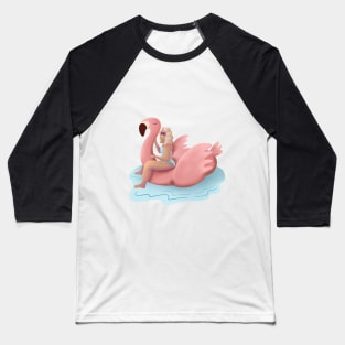Girl Summer Illustration, Pink Flamingo Floaty Baseball T-Shirt
